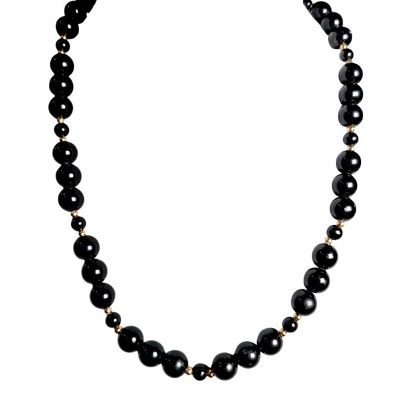 Faux Shadow Pearl Onyx Beaded Necklace with Gold Tone Beads - Picture 1 of 5